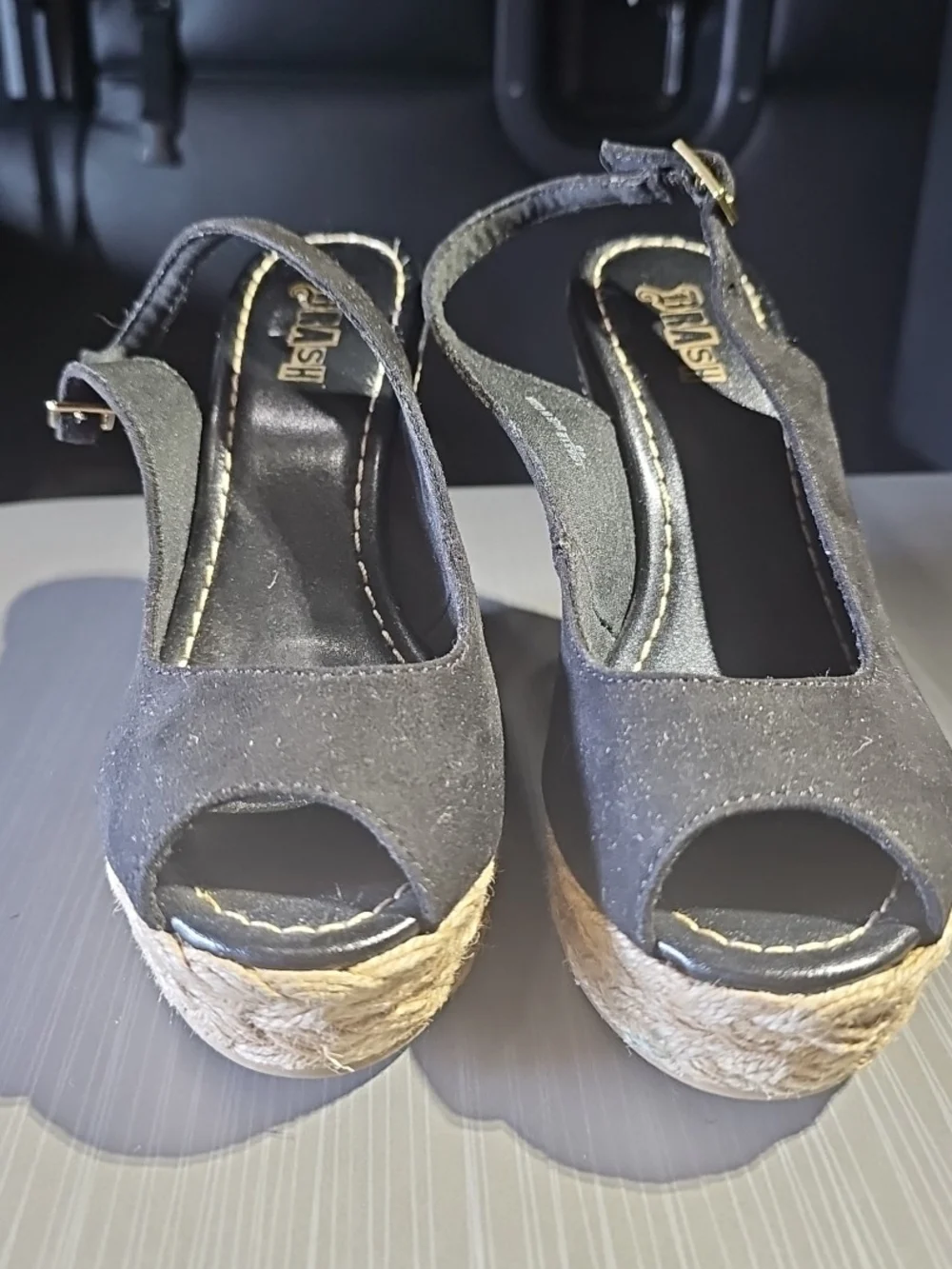 BRASH Black Suede Peep Toe Sling Back‎ Wedge Shoes Women's 5 Excellent PreOwned